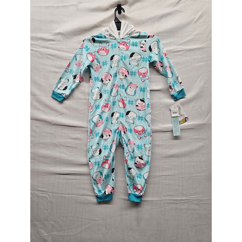 Squishmallows Girls Hooded One Piece Pajamas Teal Polyester Casual Size XS 4/5